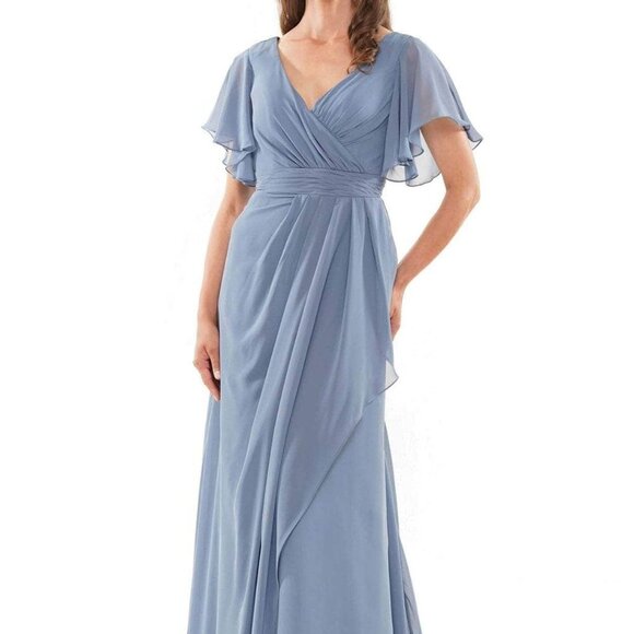 slate blue mother of the bride dress Zapaka Women Lace Mother of The Bride Dress A Line Dusty Blue Chiffon Round Neck Short Sleeves Long Formal Dress, Grey Blue / US16 main image 0